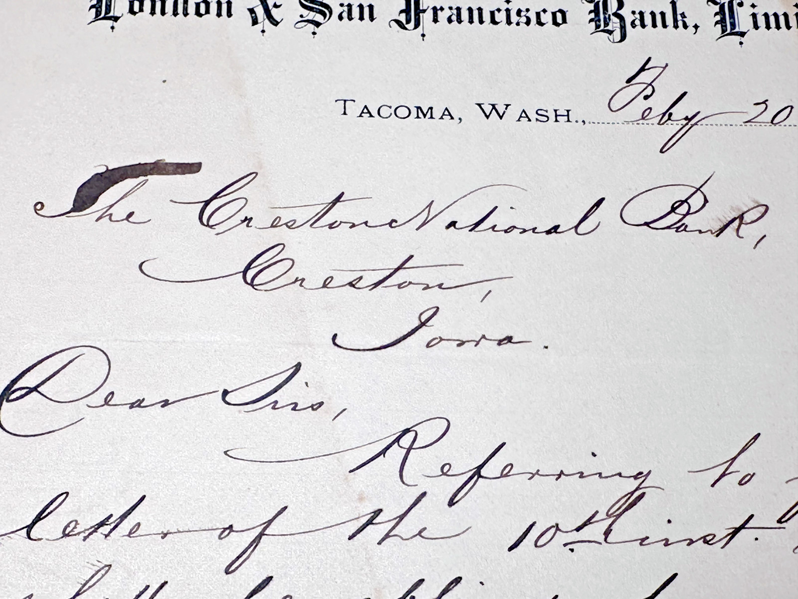 1891 LONDON & SAN FRANCISCO BANK TACOMA, WA TRANSFER & CORRESONDENCE CRESTON IA