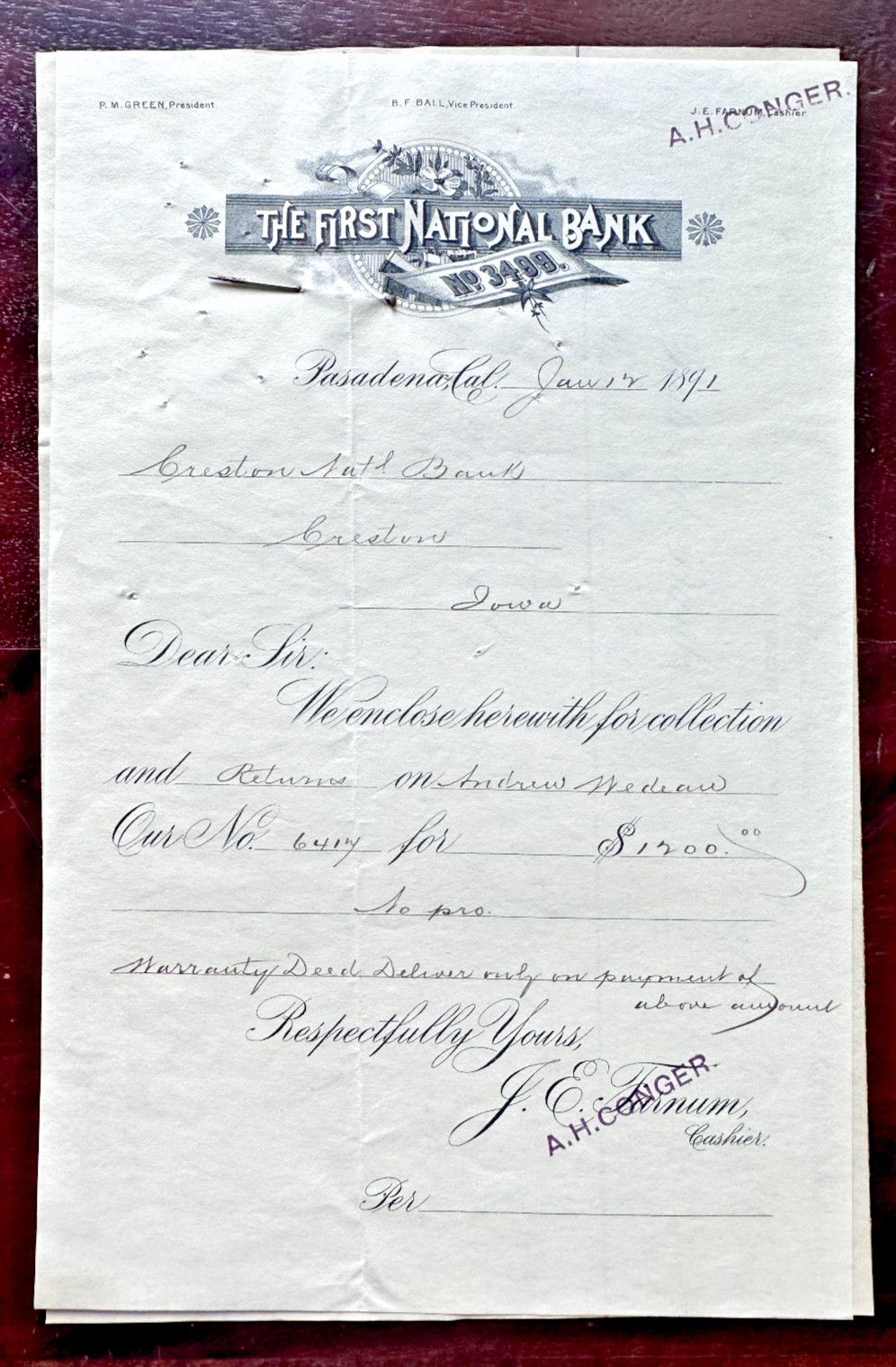 1891 FIRST NATIONAL BANK PASADENA, CA + CRESTON NATIONAL BANK IA BANK DOCUMENTS