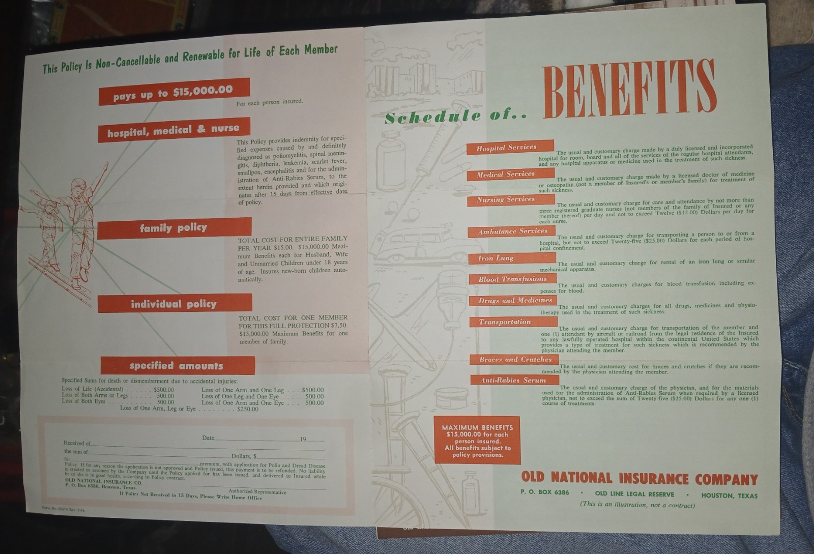 1950’s Polio Insurance Application Old National Insurance Co Houston Texas