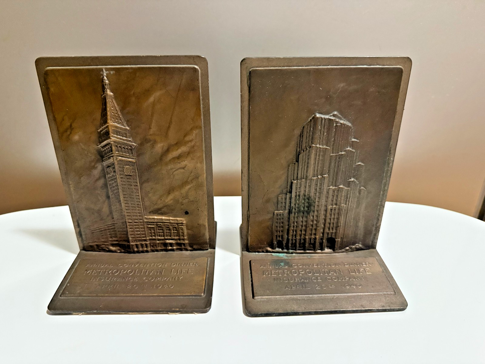 Metropolitain Life Insurance Bronze Bookends 1940 from Convention Dinner 5.5″X4″