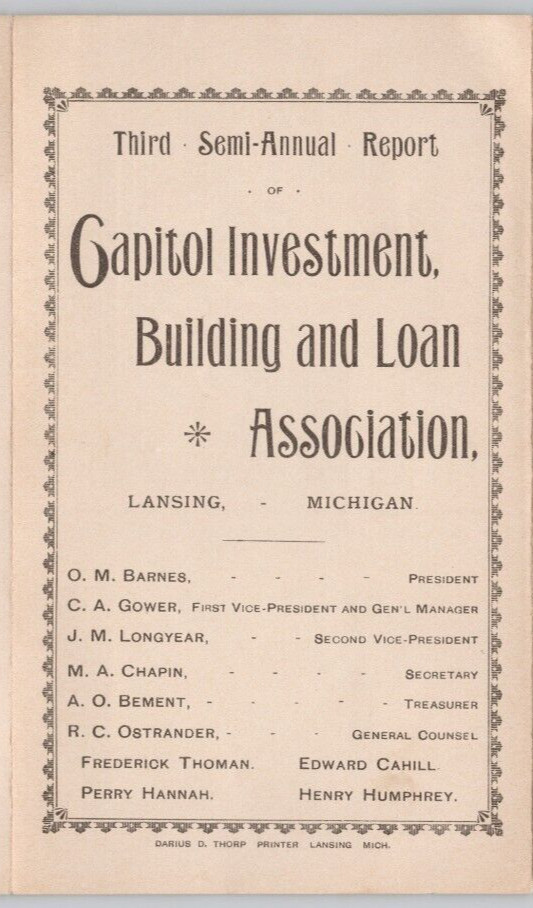 1891 Lansing MI Capitol Investment Building & Loan Association Report