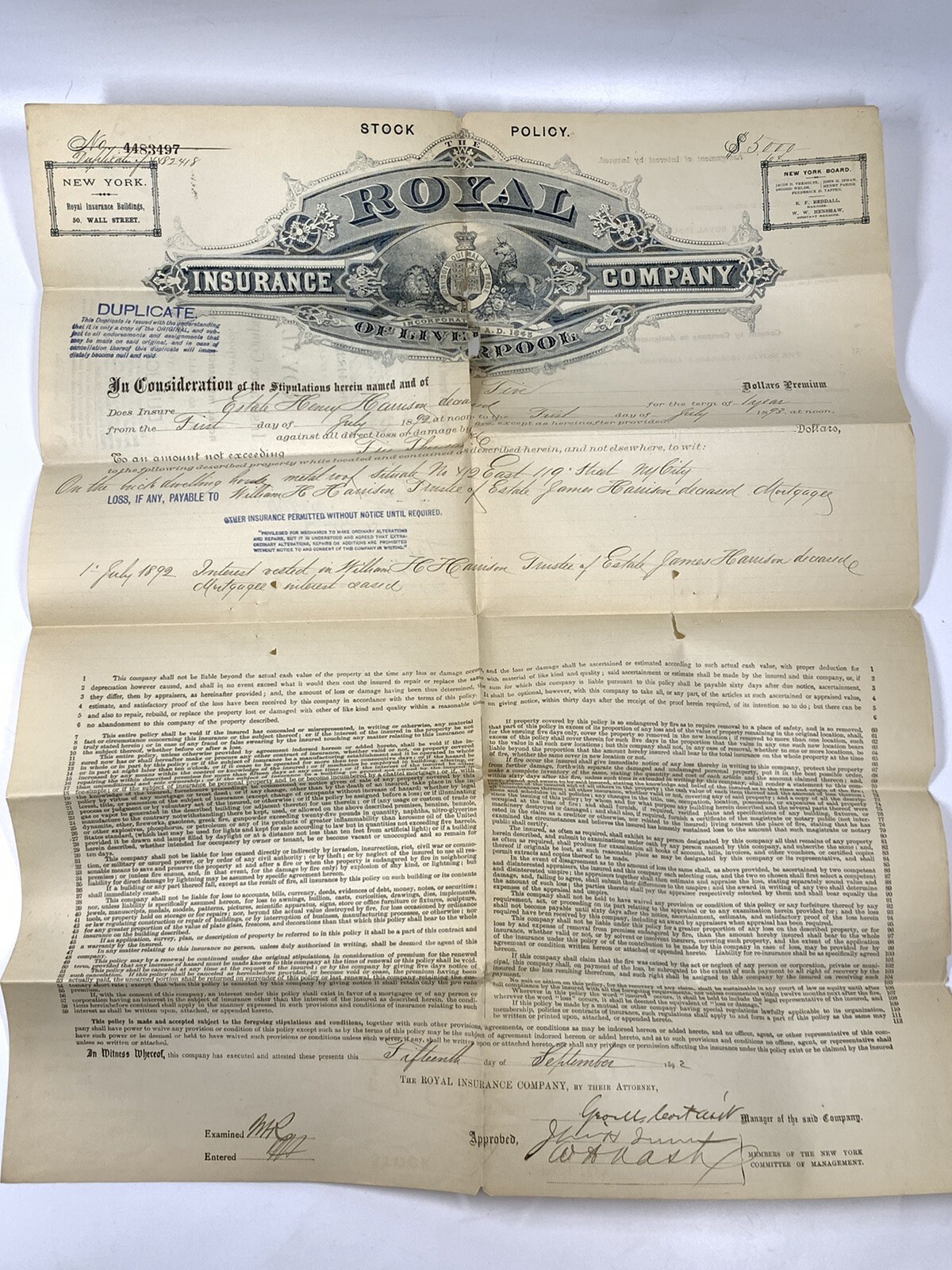 1892 Engraved Insurance Policy Estate William H. Harrison Royal Insurance UK NY