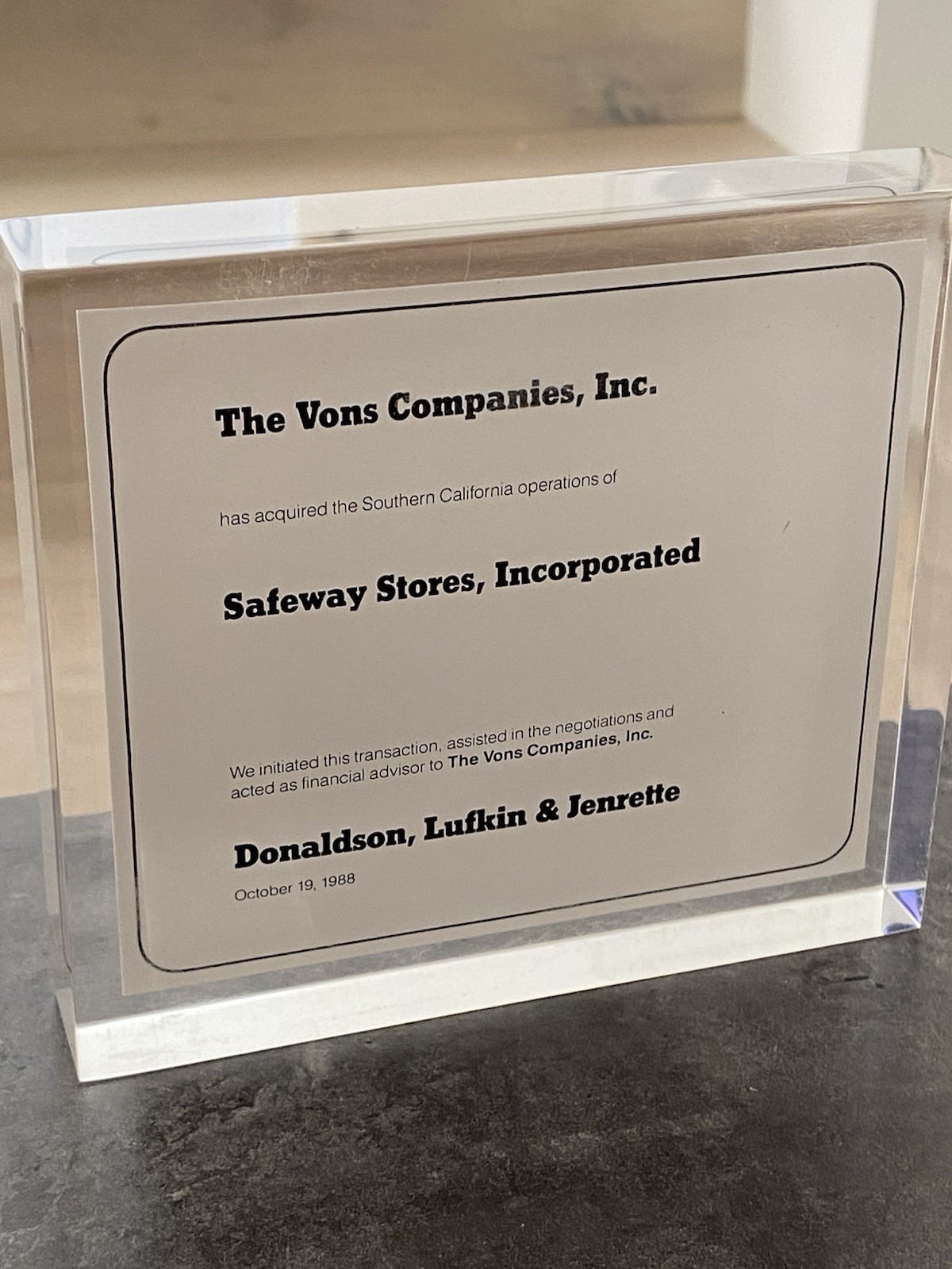 Vons merger lucite tombstone Safeway Donaldson, Lufkin & Jenrette NYSE Finance