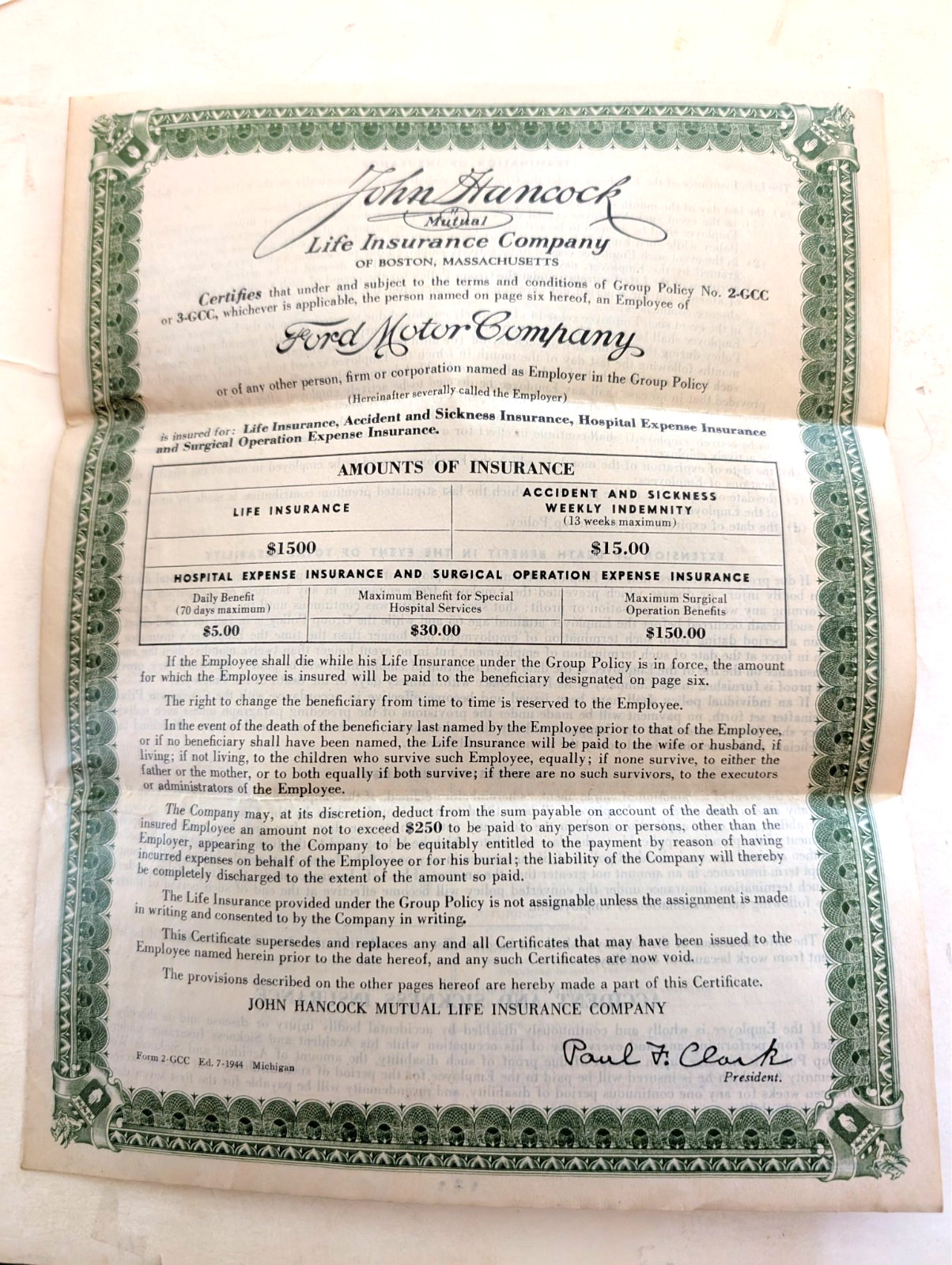 John Hancock Life Insurance Policy for Employee of Ford Motor Co. Dated 1946