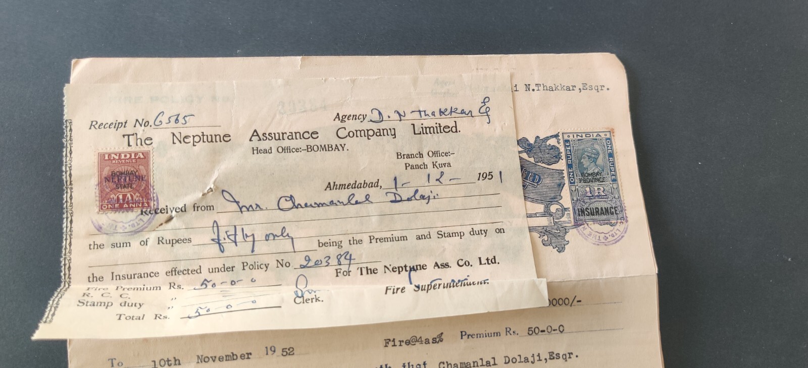 1952 NEPTUNE INSURANCE CO LTD AUTOGRAPH SIGN fire Policy document vignette India