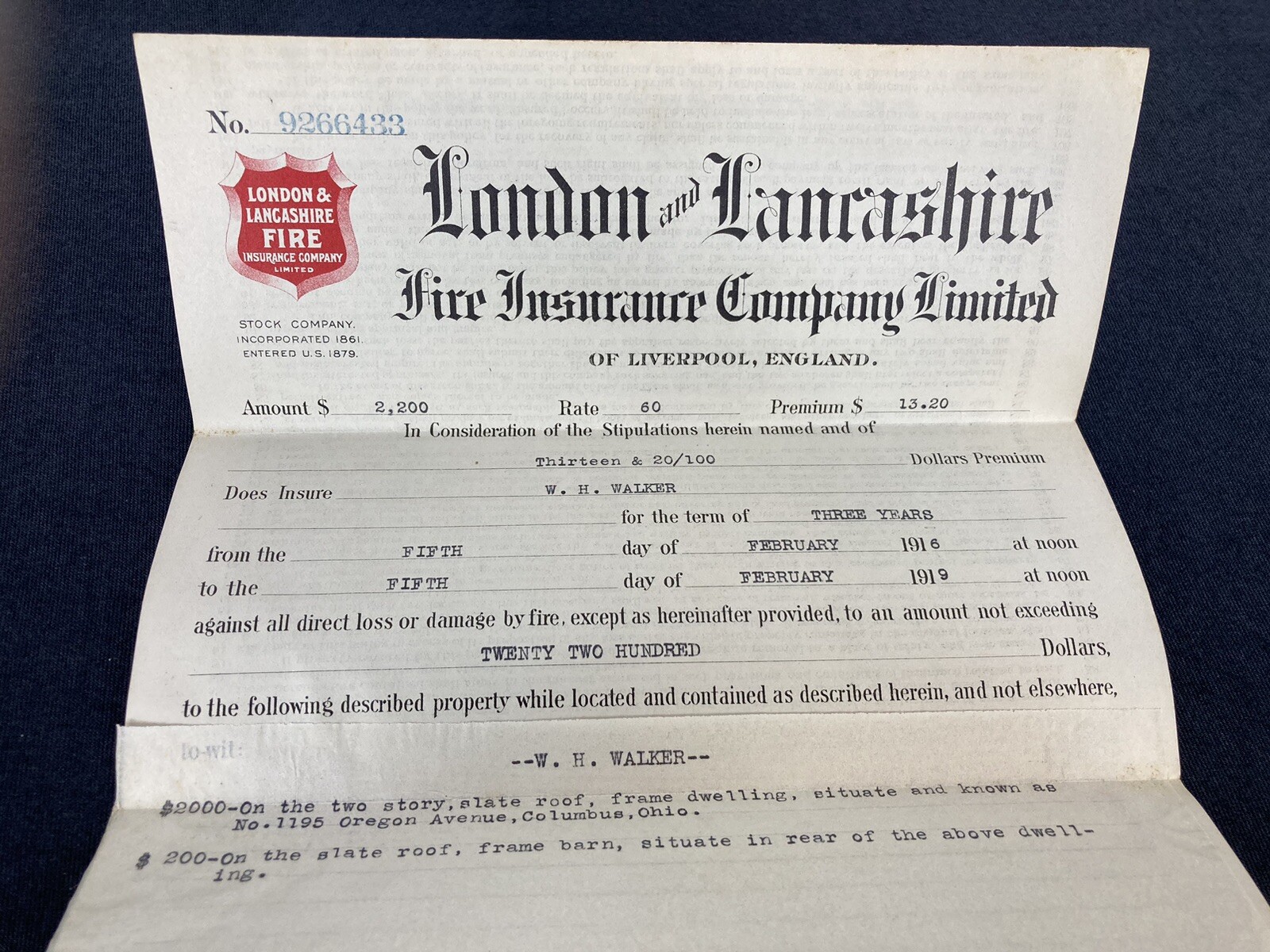London & Lancashire Fire Insurance Company Policy 1919 Paperwork Brochure
