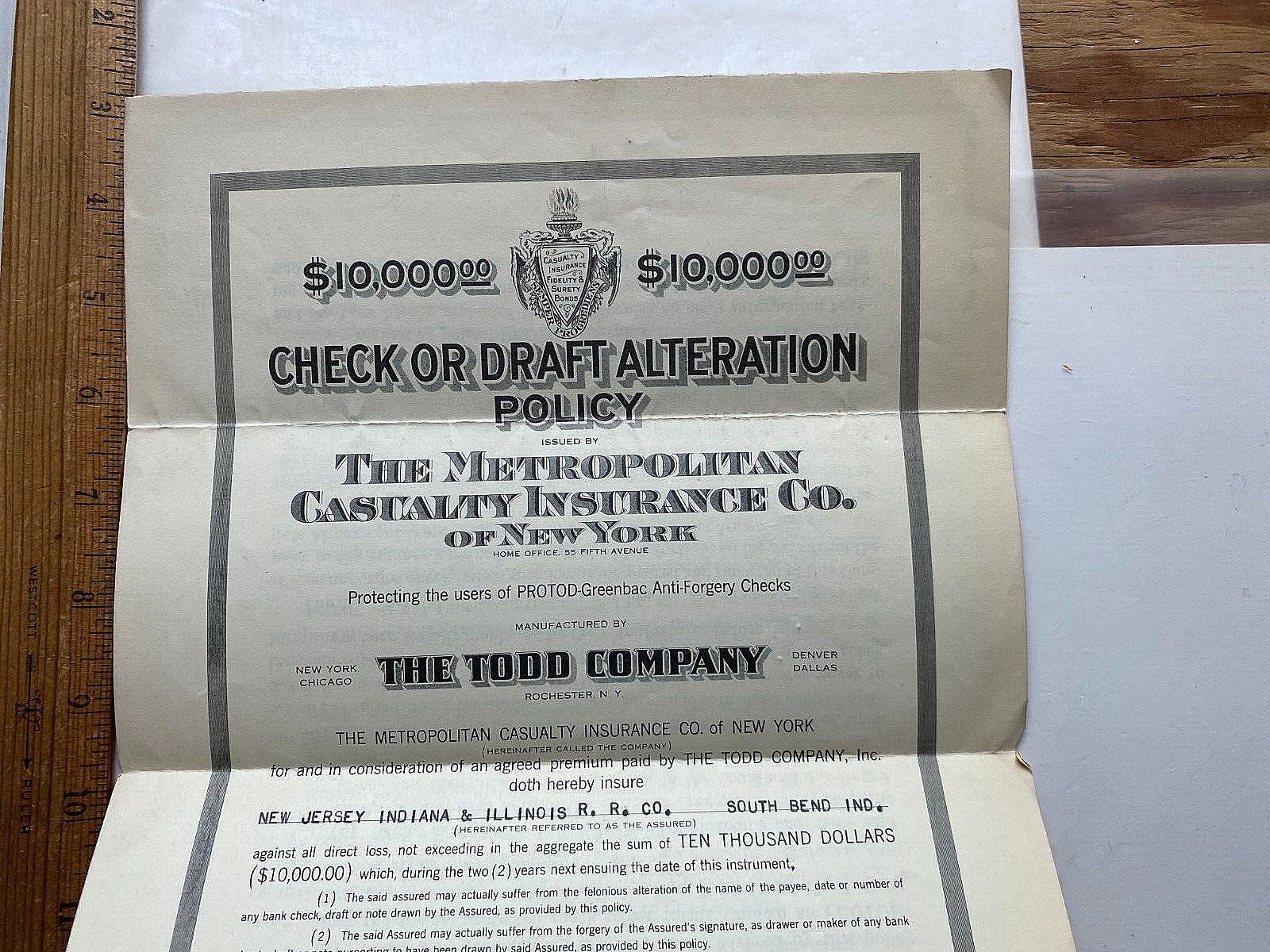 1925 Check/Draft Alteration Insurance Policy. NJ, IN & IL Railroad. South Bend