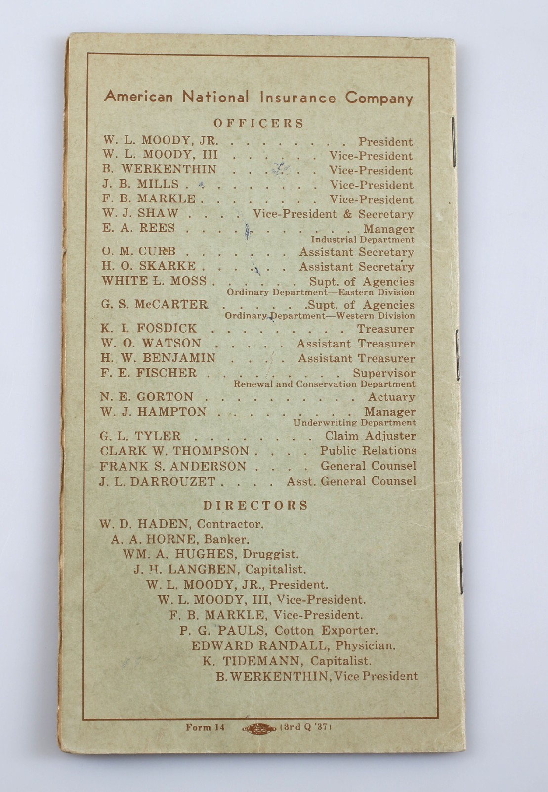 Vintage 1930s Payment Record American National Insurance Co. Galveston Texas
