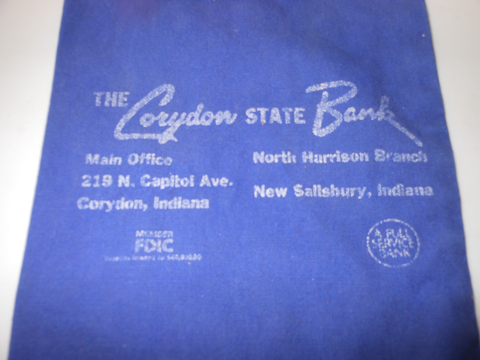 Vtg The Corydon State Bank, Corydon Ind Navy Canvas Drawstring Money/Coin Bag