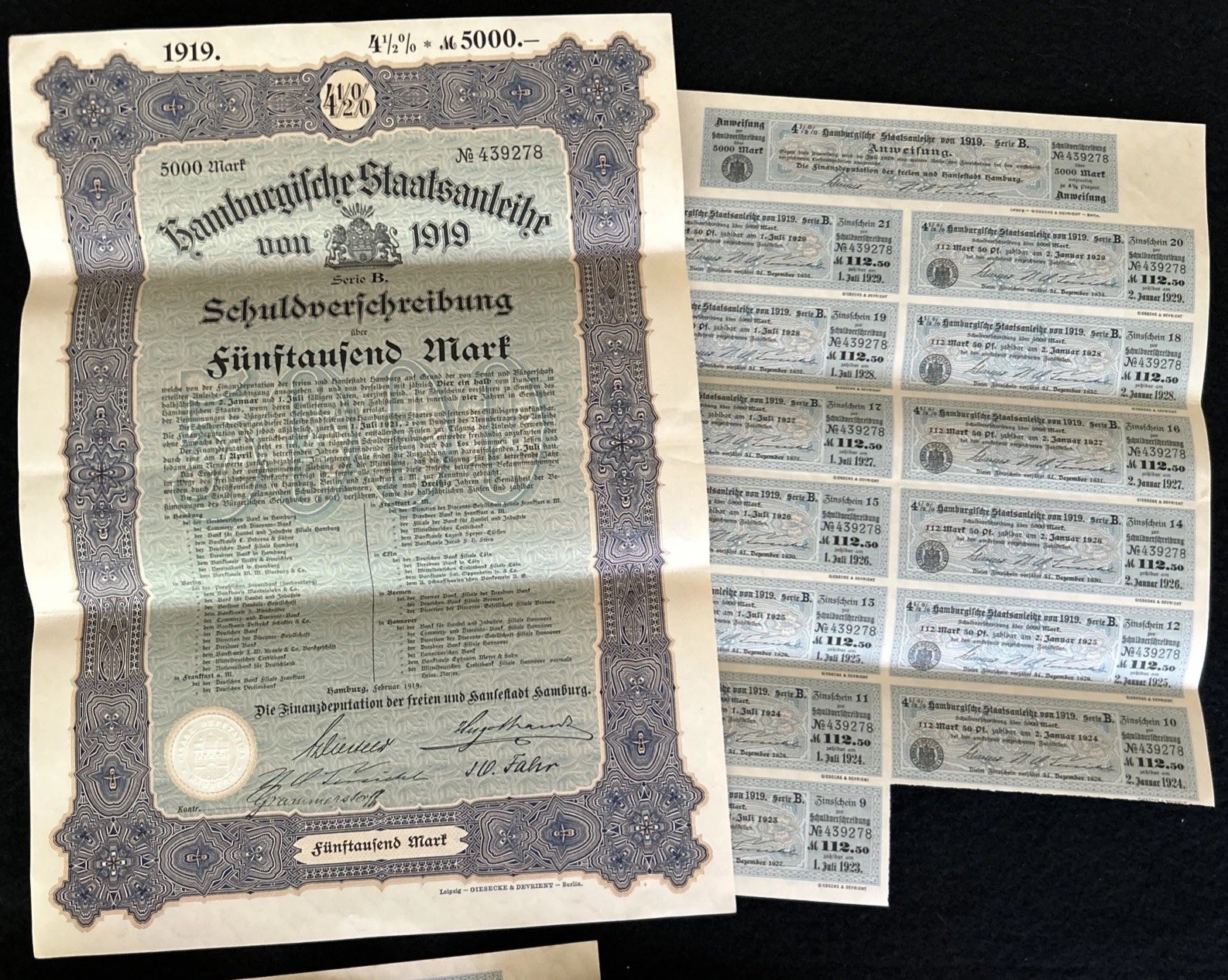 2 Sets Of 5 German War Bonds W Coupons 100,000 – 2,000 Marks 1919-‘26 Original