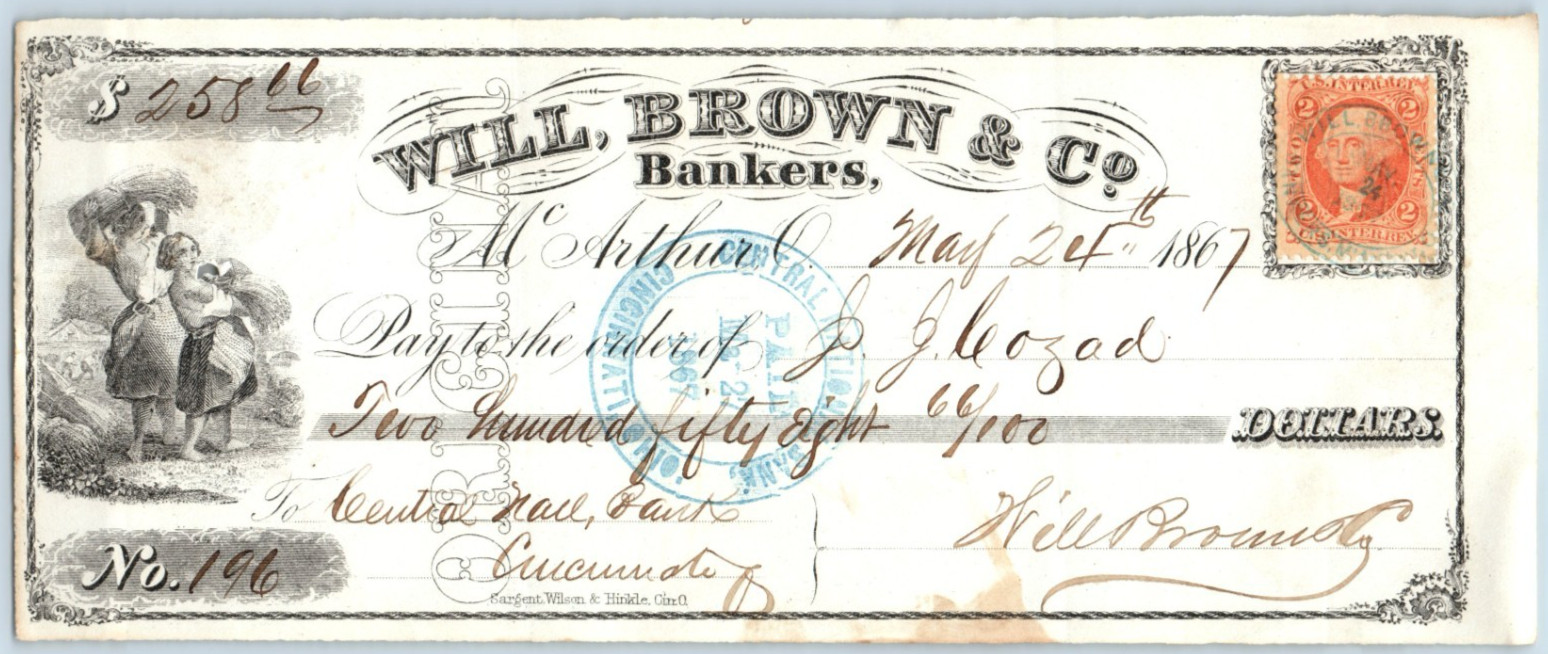 1867 Will Brown & Co Cincinnati, Ohio Bank Check w/ 2 Cent Tax Stamp 4 #DC