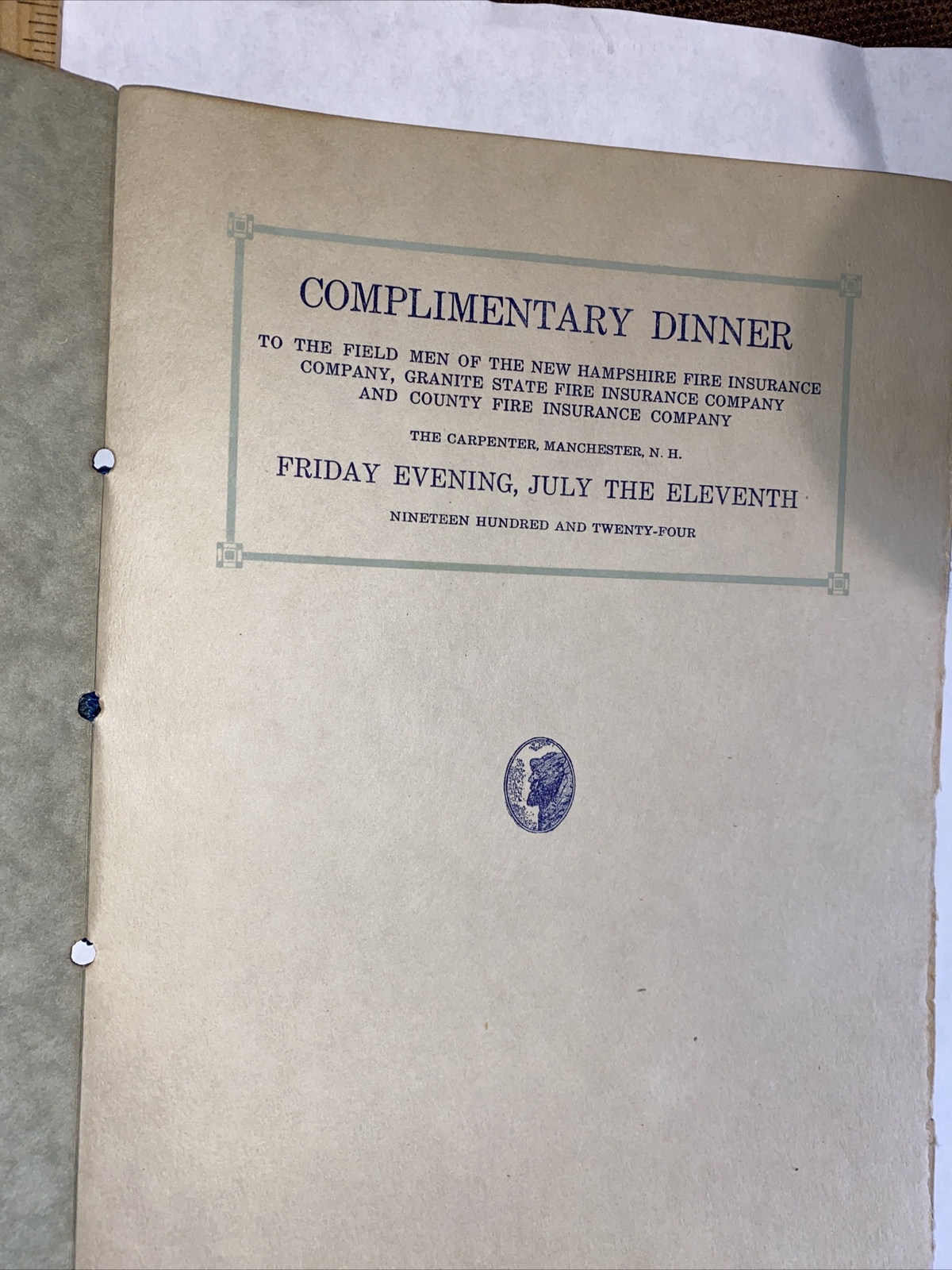 VINTAGE 1924 NEW HAMPSHIRE FIRE INSURANCE COMPANY 1924 DINNER MENU PROGRAM LOOK