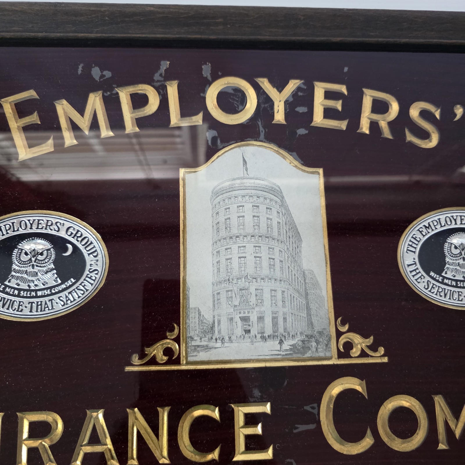 The Employer’s Fire Insurance Company Vintage Sign Reverse Glass Painted Gold