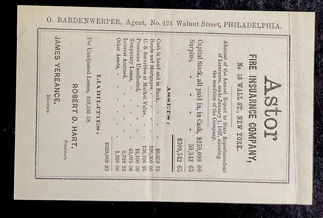 1867 Astor Fire Insurance Company New York Financial Document Assets #b10