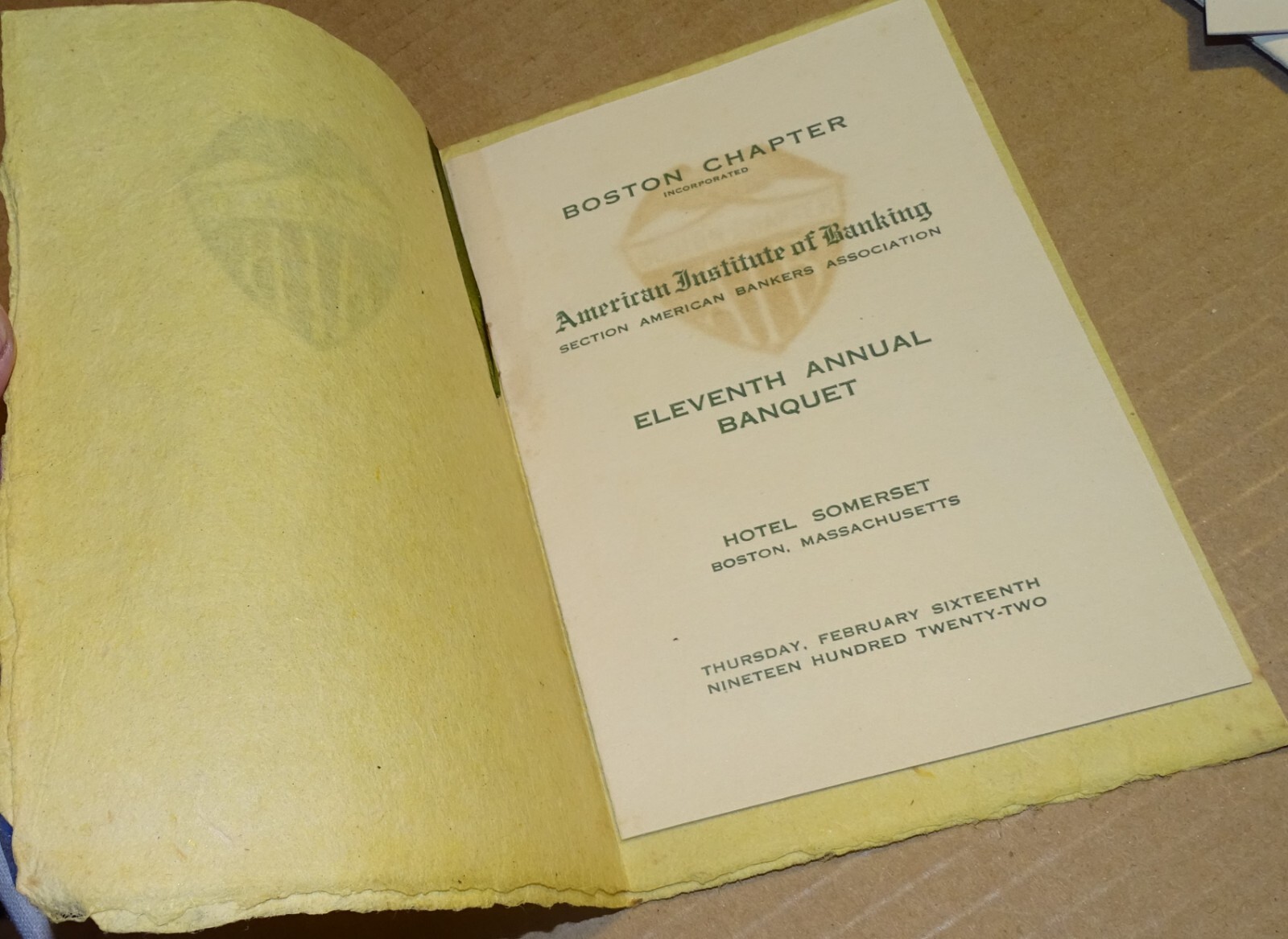American Institute of Banking Menus/Banquets/Etc. 1919-1922 Boston Chapter, etc.