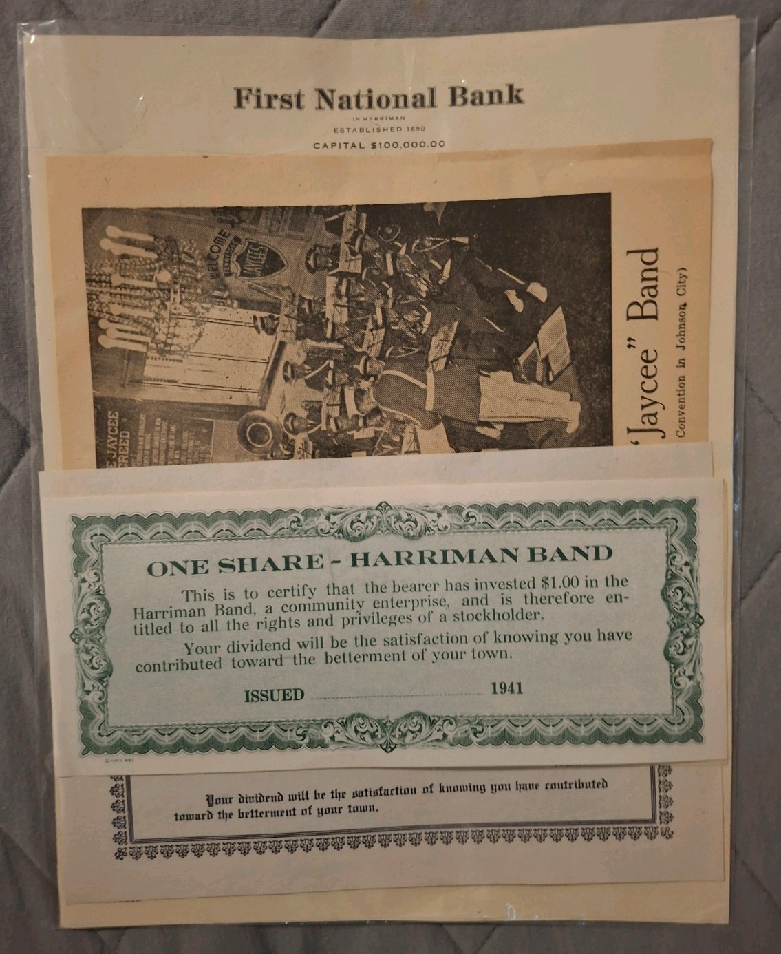 1941 Harriman, Tenn. First Nat. Bank- Jaycee Band $1 One Share In Band Documents