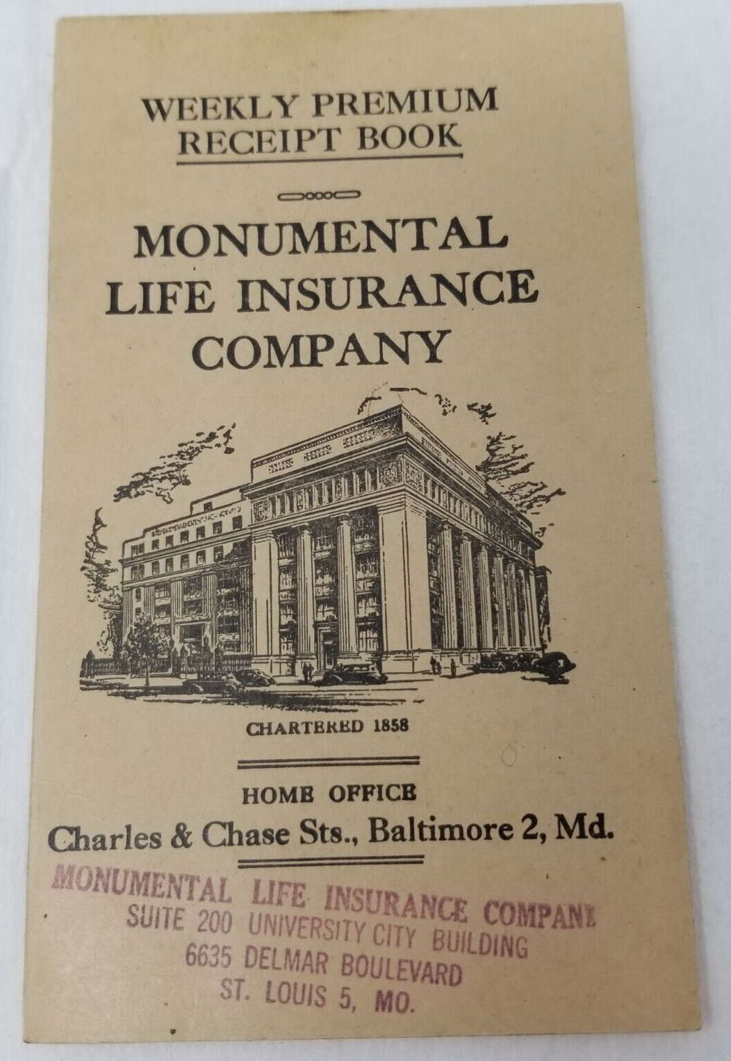 Monumental Life Insurance 1946 Premium Receipt Book Delmar St. Louis Vintage