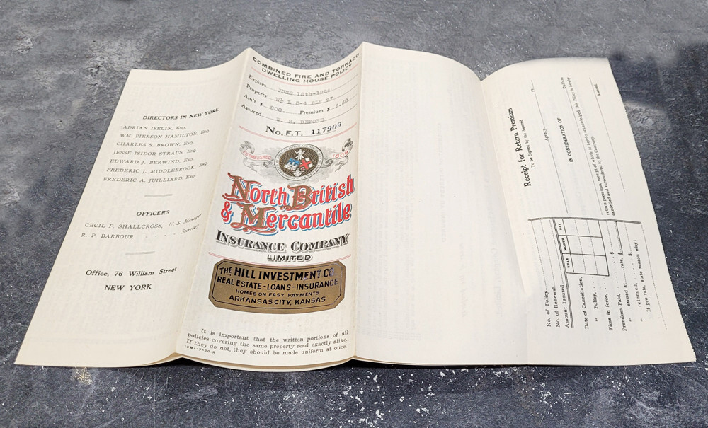 1920 Era North British & Mercantile Home Insurance Policies Arkansas City Kansas