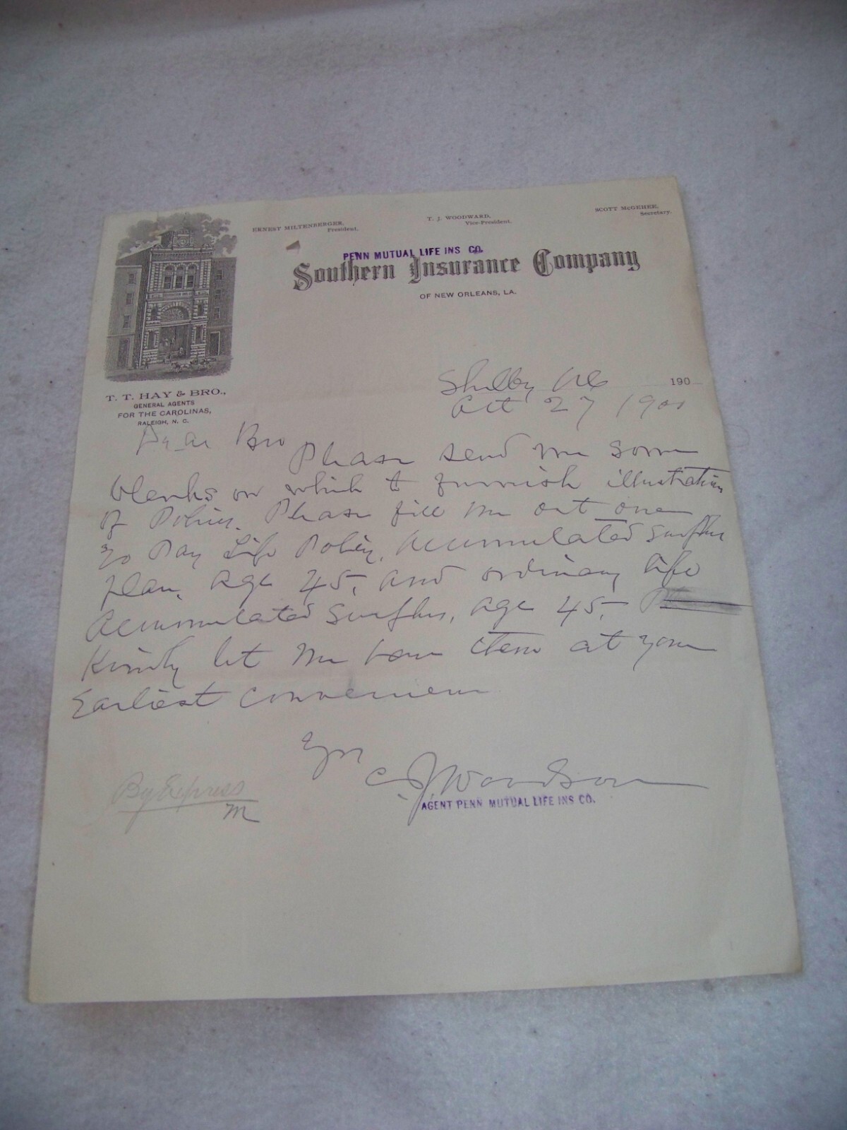 1900 Penn Mutual Life Southern Insurance Co T. T. Hay & Brother Shelby NC