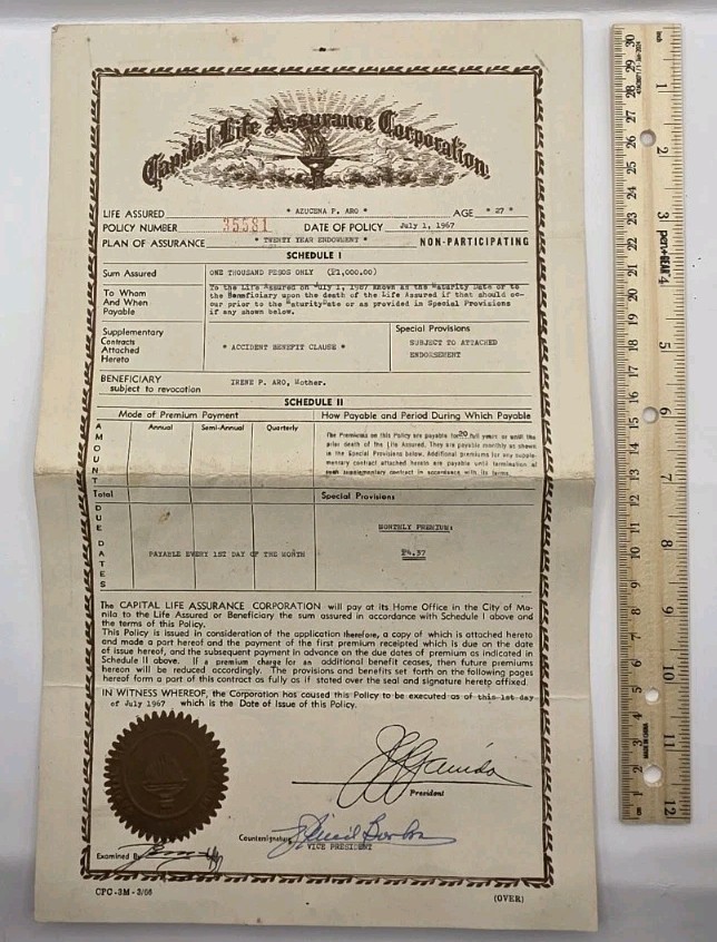 Philippines 1967 Capital Life Assurance Corporation Policy.Used.
