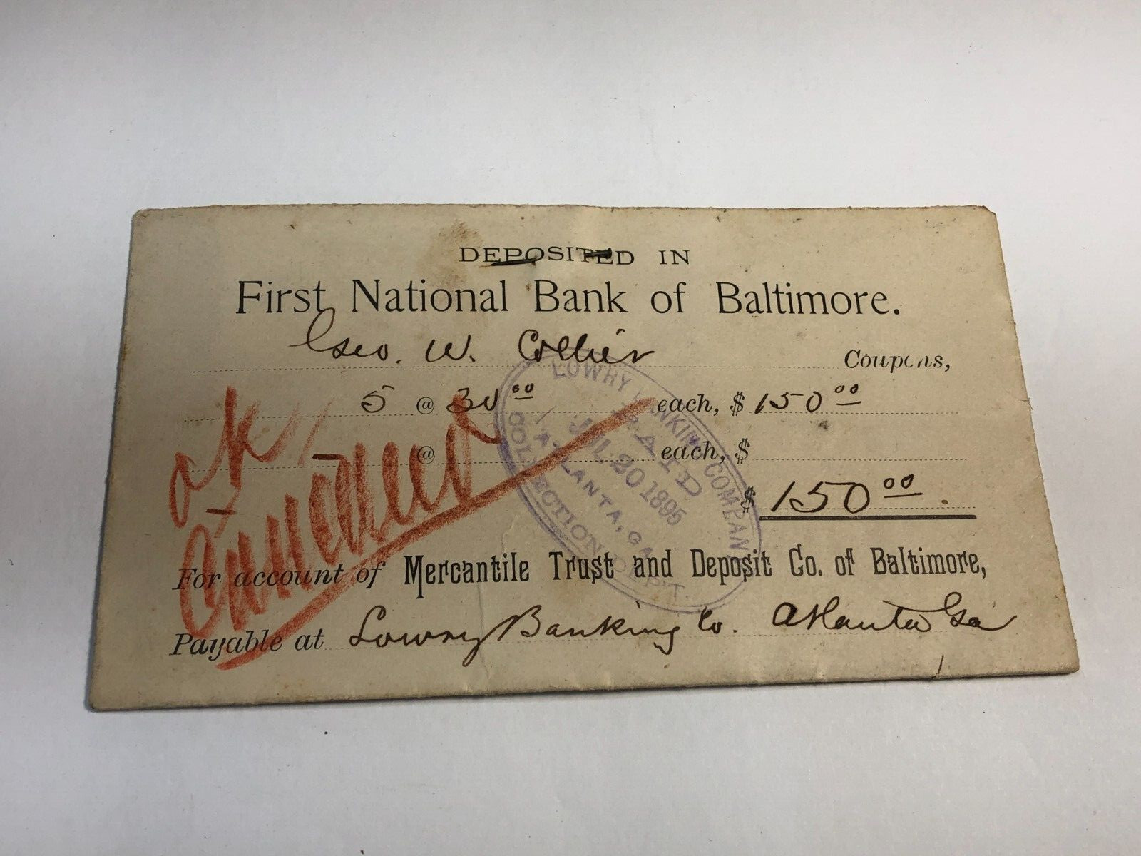 Baltimore First National Bank of Baltimore Vintage Deposit Envelope 1895