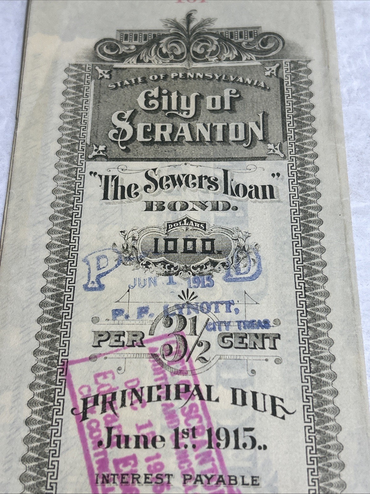 $1000 Bond City Of Scranton June , 1st 1915 SCRANTON,PA