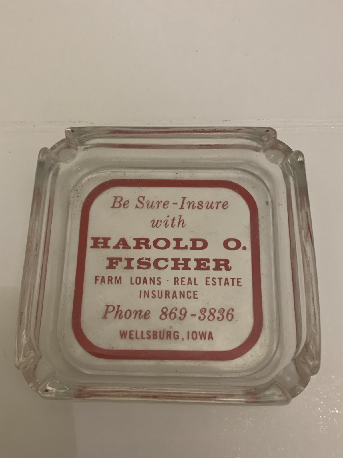 Vintage Harold O. Fischer Insurance Co. Wellsburg Iowa Glass Ashtray