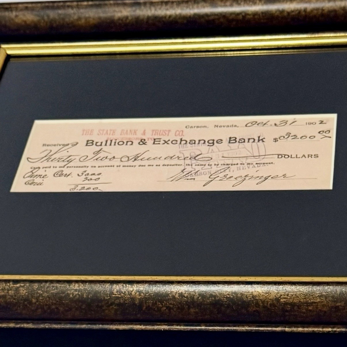 Antique 1902 Carson Nevada Bullion & Exchange Bank Framed Banking Ephemera