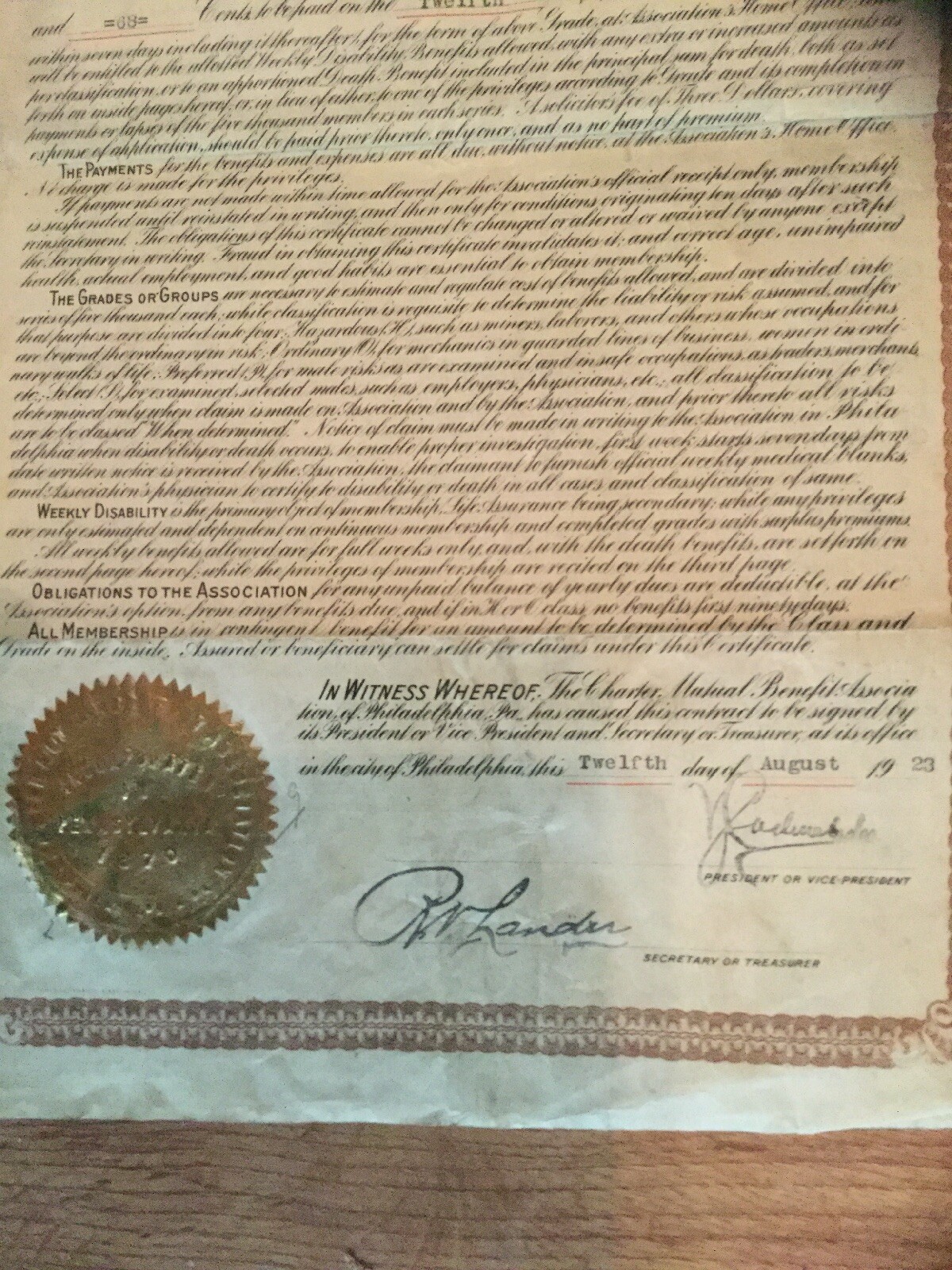 1923 Insurance Policy from Charter Mutual Benefit Association Philadelphia