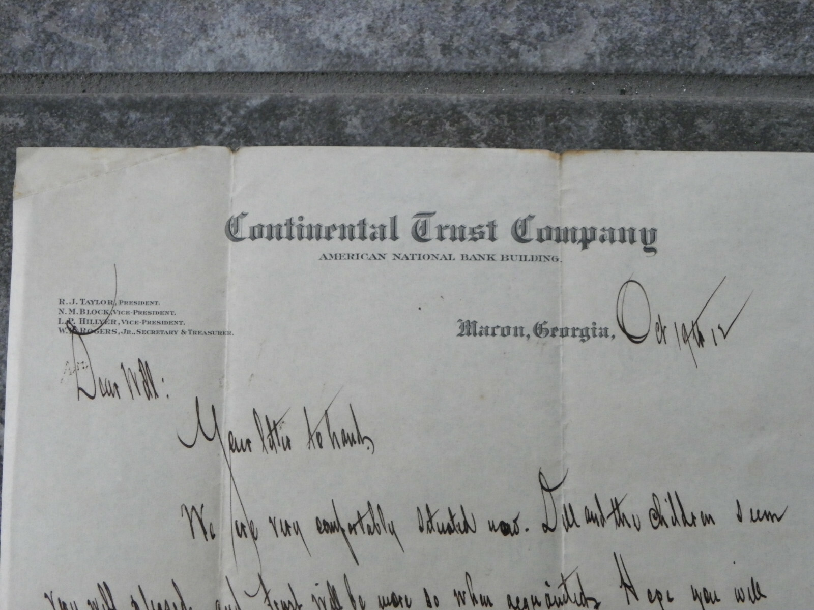 Antique 1912 Personal Letter on Continental Trust Co Letterhead-Macon Ga