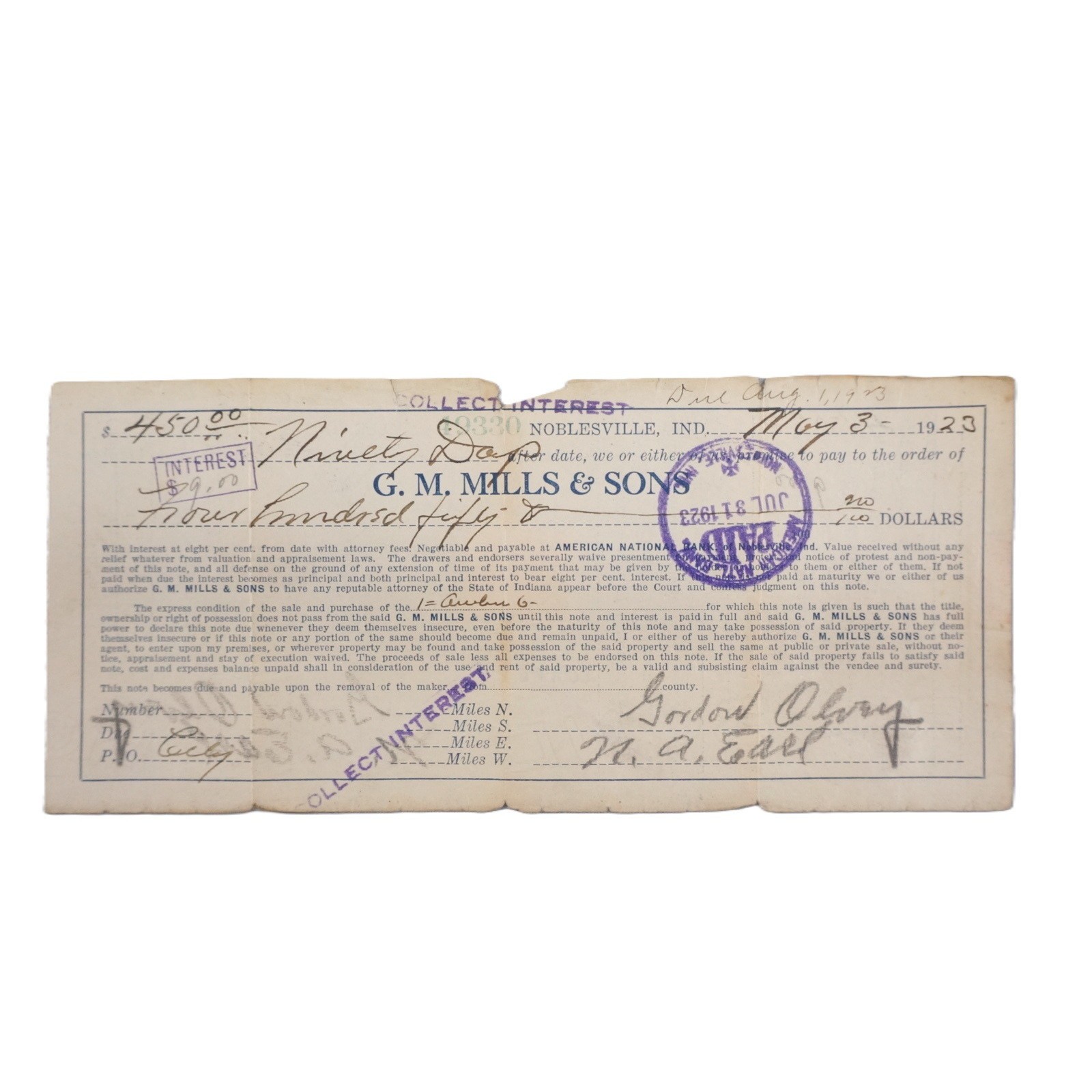 1923 Promissory Note G. M. Mills & Sons Noblesville IN Revenue stamp $450