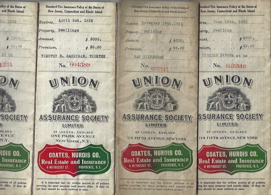 Union Assurance Society Limited Policy 1931, 1926, 1933, Providence RI RARE