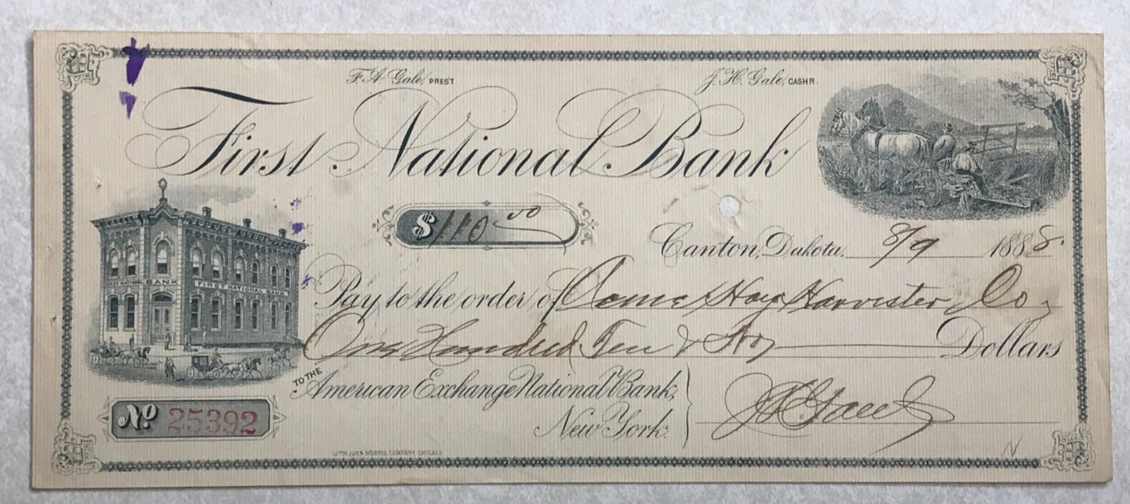 SBB161 Bank Check First National Bank Canton Dakota Territory 1888 SD South now