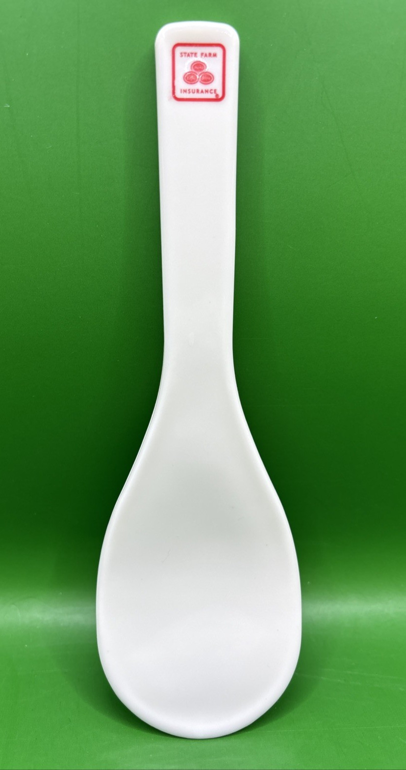 Vintage State Farm 8″ Long Plastic White Rice Spoon w/ Square Logo