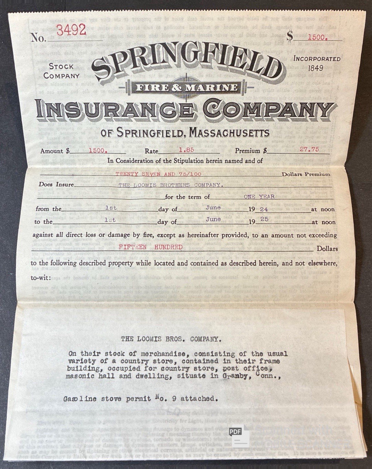 SPRINGFIELD FIRE & MARINE INSURANCE CO. POLICY on Loomis Bros. Inventory 1924-25