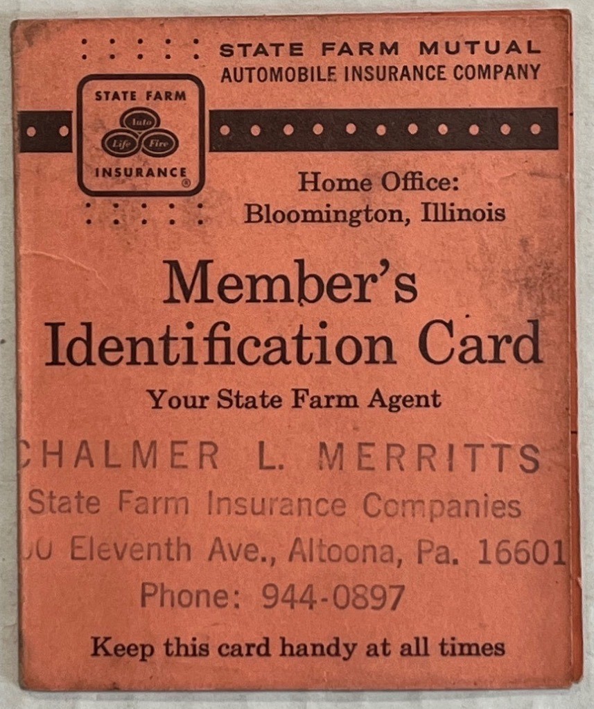 Vintage State Farm Insurance Members Identification Card 1968 Altoona PA