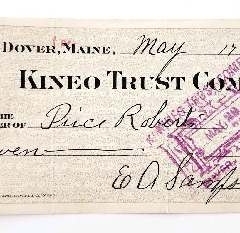 1915 Kineo Trust Company Bank Check E.A. Sampson Dover Maine Signed 7075 CHX13