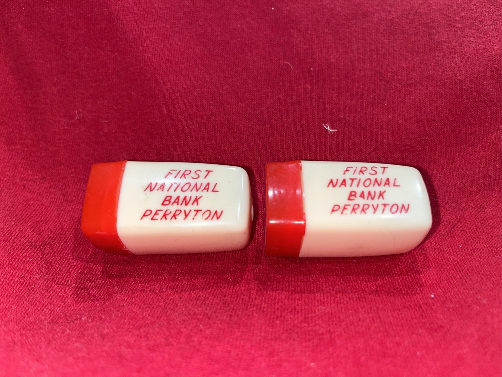 First National Bank-Perryton, Texas-Red & Cream Plastic Salt & Pepper Shakers