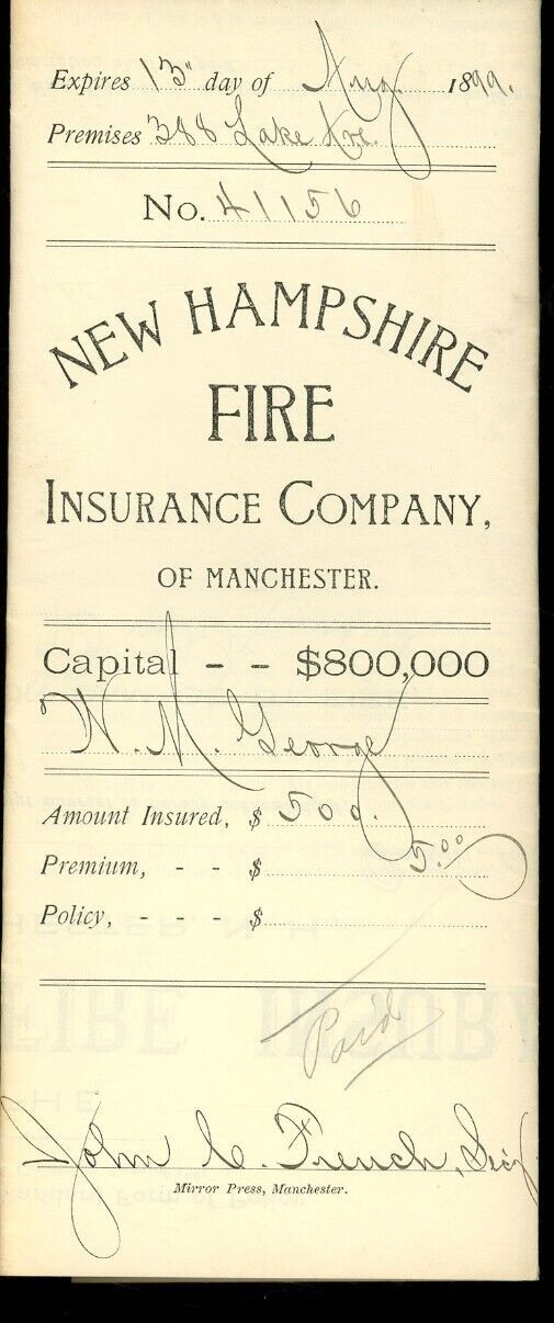 1889 New Hampshire Fire Insurance Company of Manchester Policy