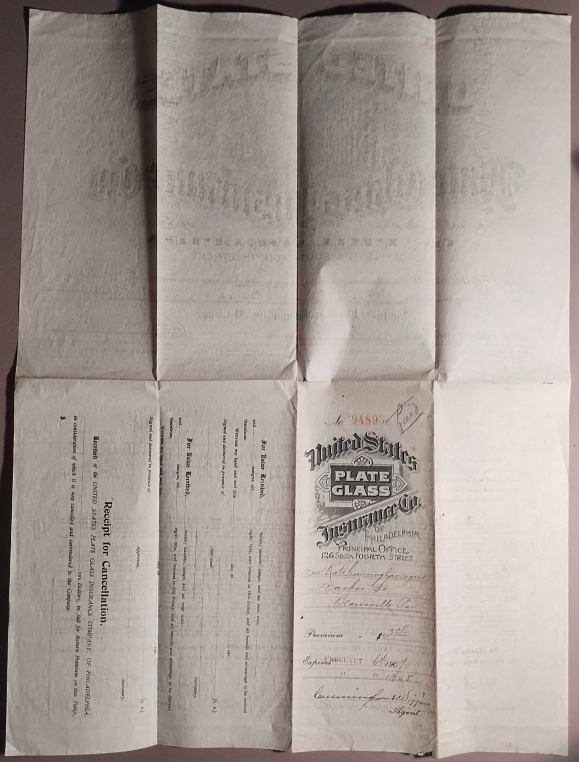 1906 United States Plate Glass Insurance Co Policy Blairsville Illustrated B4-48