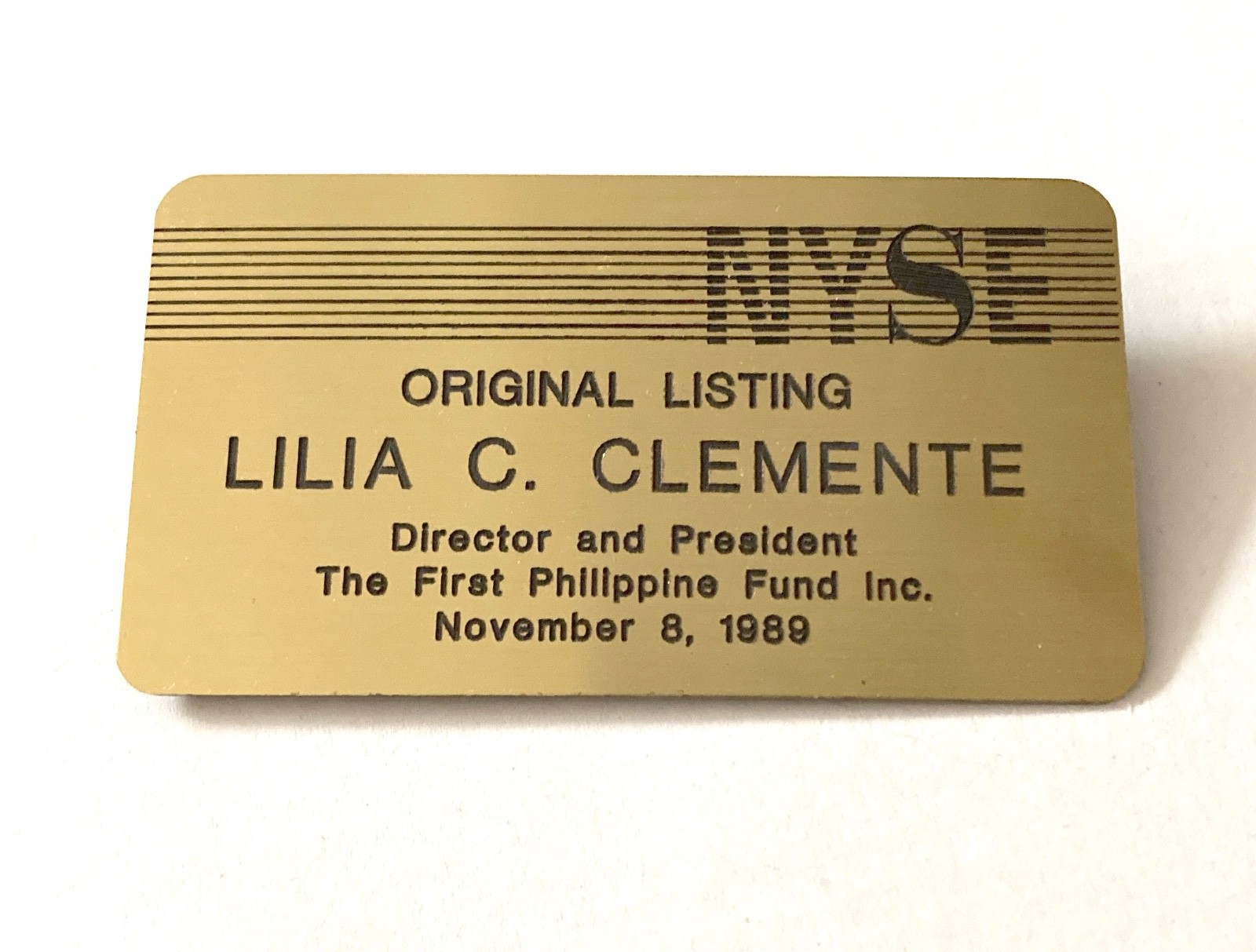 Vintage 1989 New York Stock Exchange NYSE Listing Badge First Philippine Fund