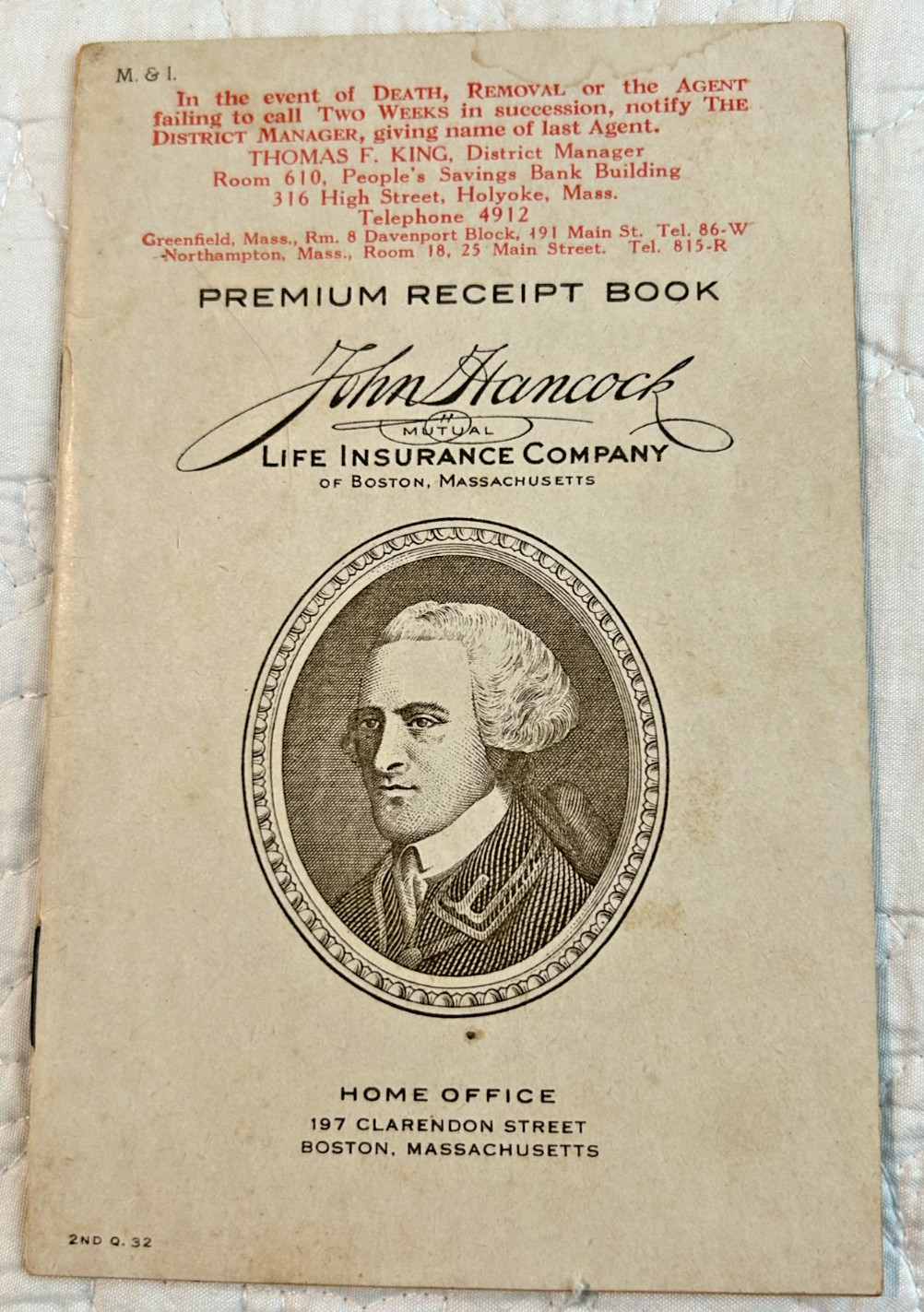 1932 John Hancock Insurance Co Premium Payment Receipt Booklet Holyoke MA