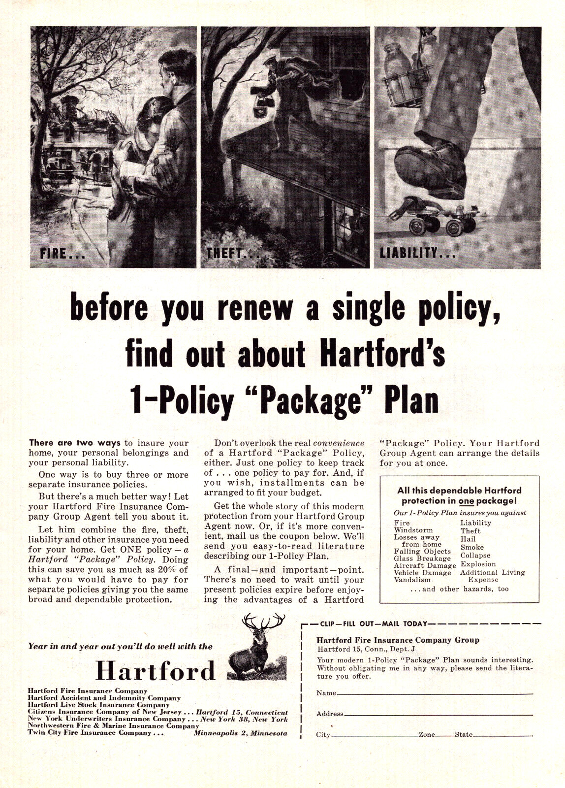 Hartford Insurance Fire Theft Liability CT 1 Policy Plan Vintage Print Ad 1956