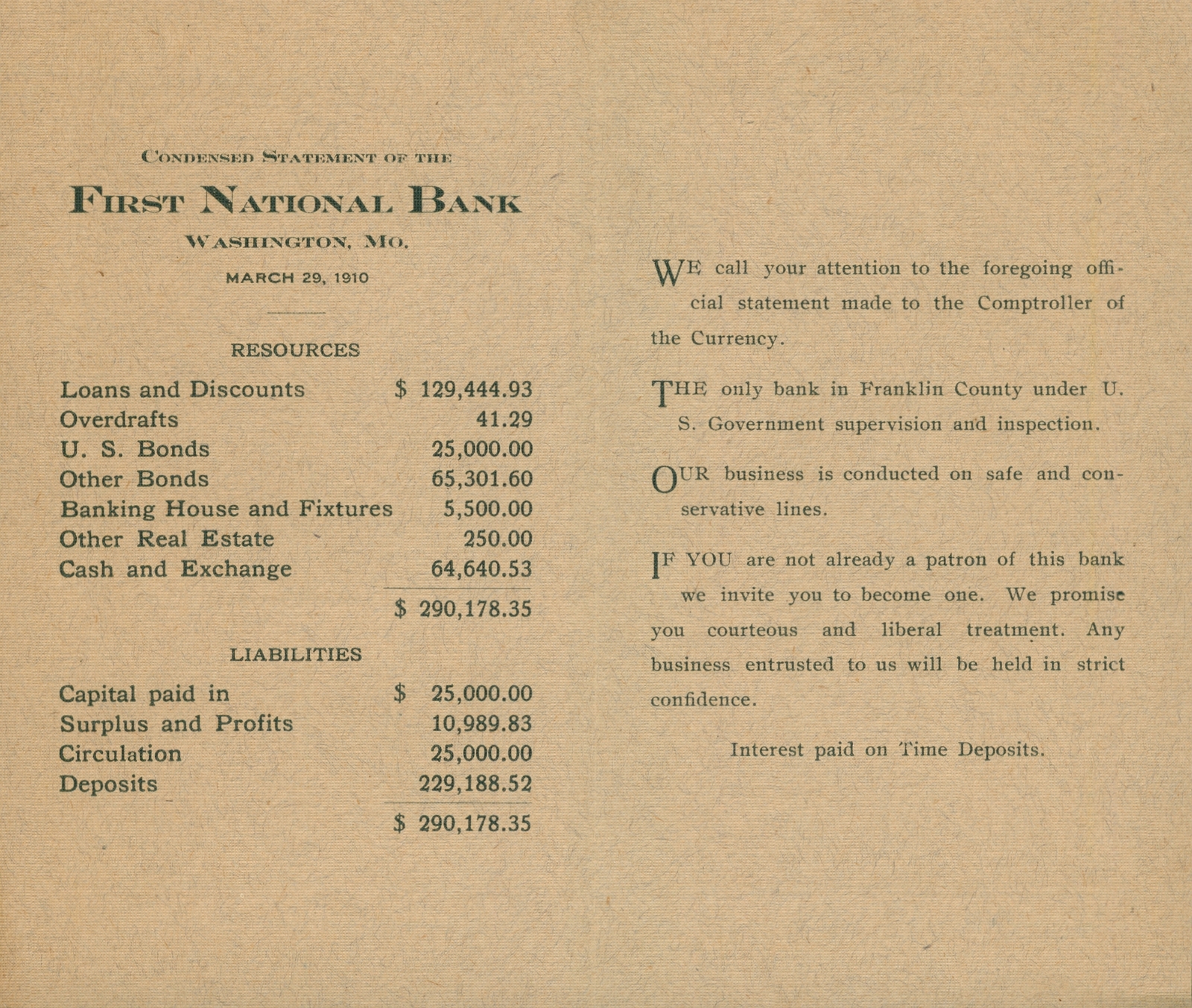 1910 Washington Missouri First National Bank Balance Sheet Staff Flier Statement