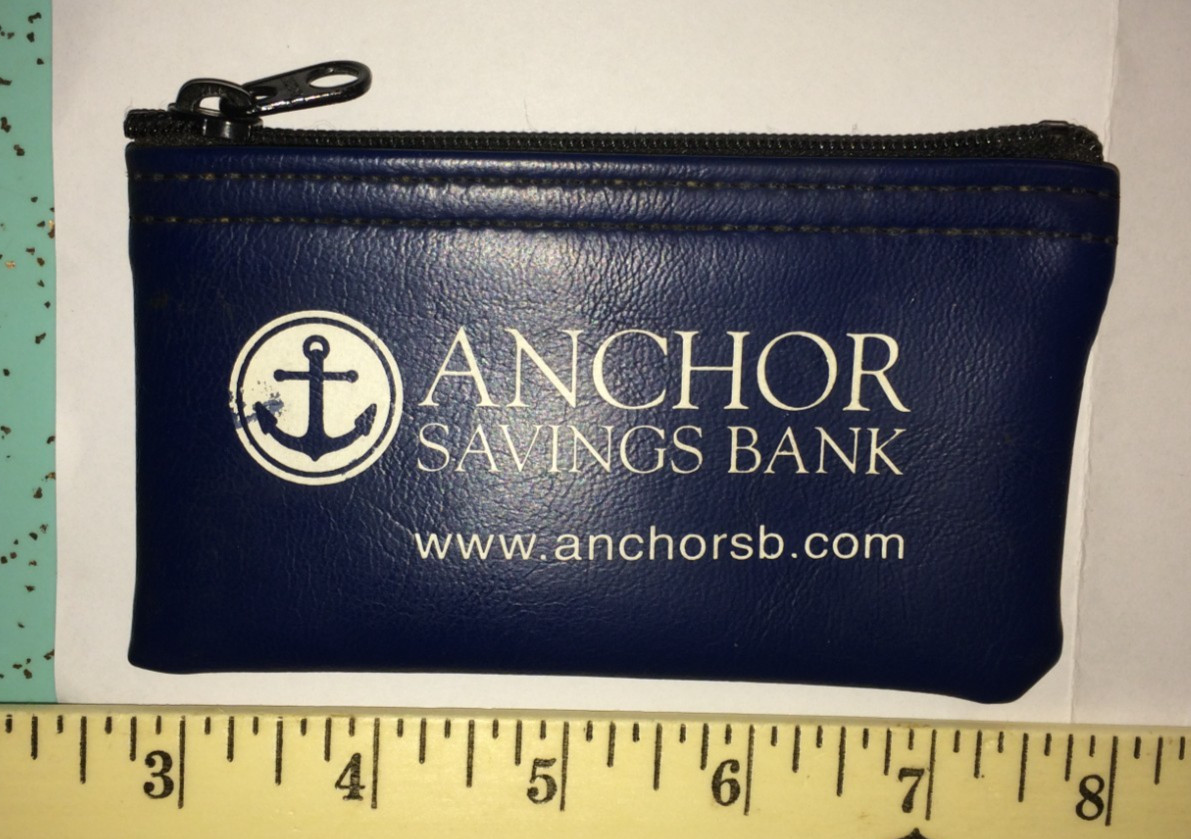 Anchor Savings Bank vintage zippered small coin purse, blue vinyl. Made in USA