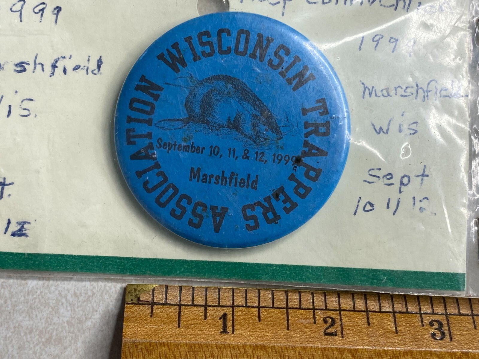 Trapper Button Pinback 1999 Marshfield Wisconsin Trappers Ass. advertising ADT41