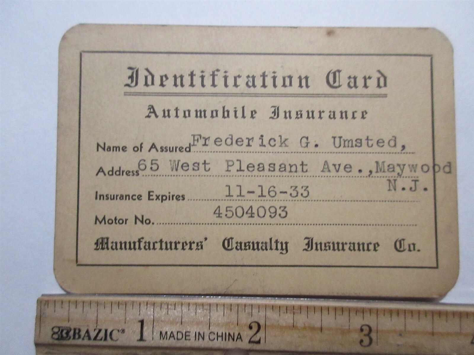 Manufacturers Casualty Insurance Co. Identification Card 1933 New Jersey