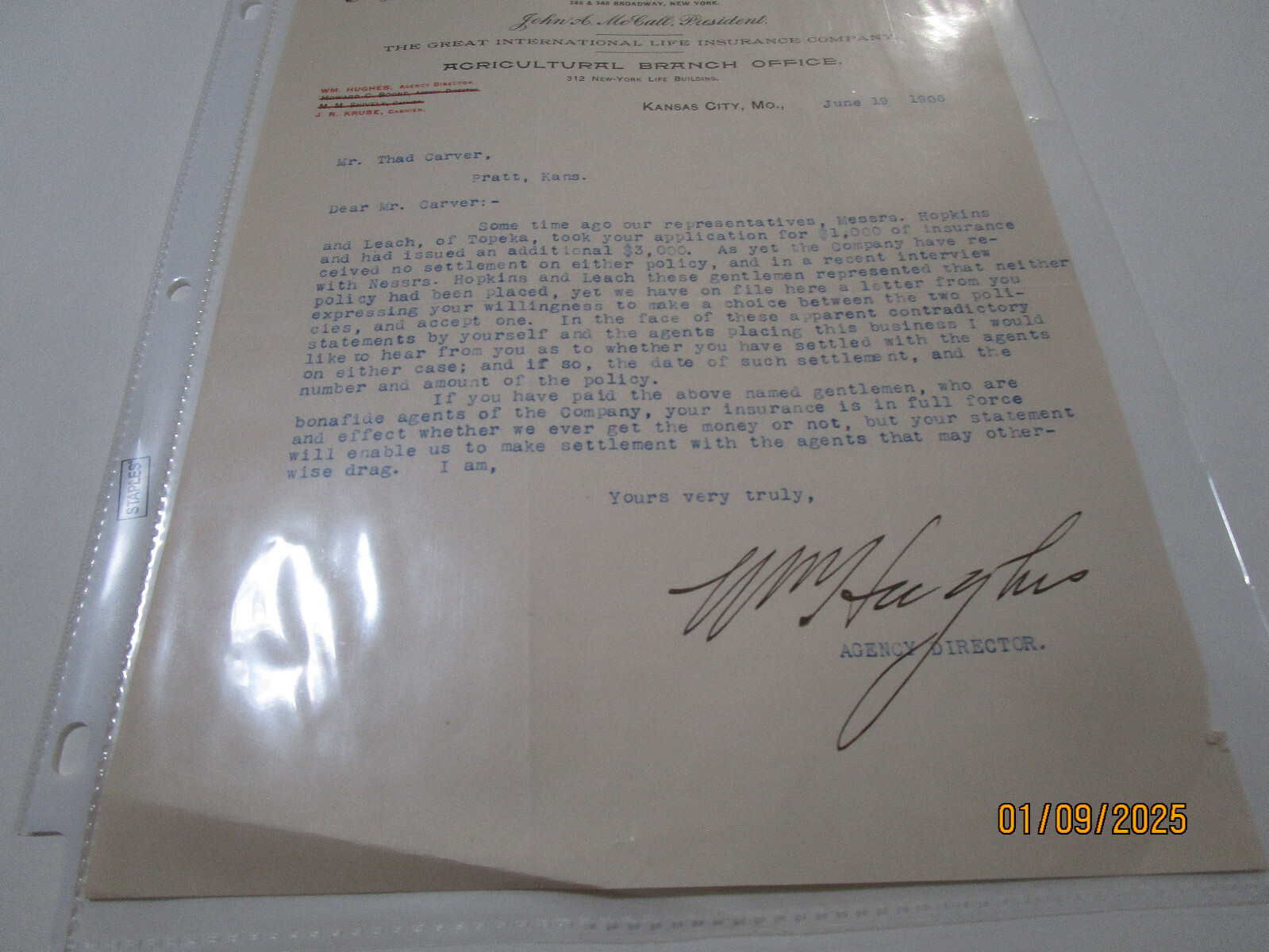 NEW YORK LIFE INSURANCE CO NY BANKING DOCUMENT LETTER JUN 19 1906