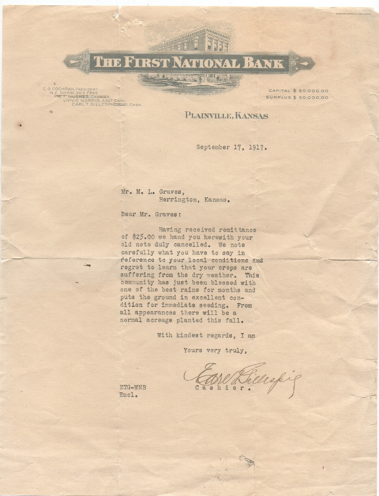 1917 Letterhead & Letter First National Bank of Plainville Kansas Bank Vignette