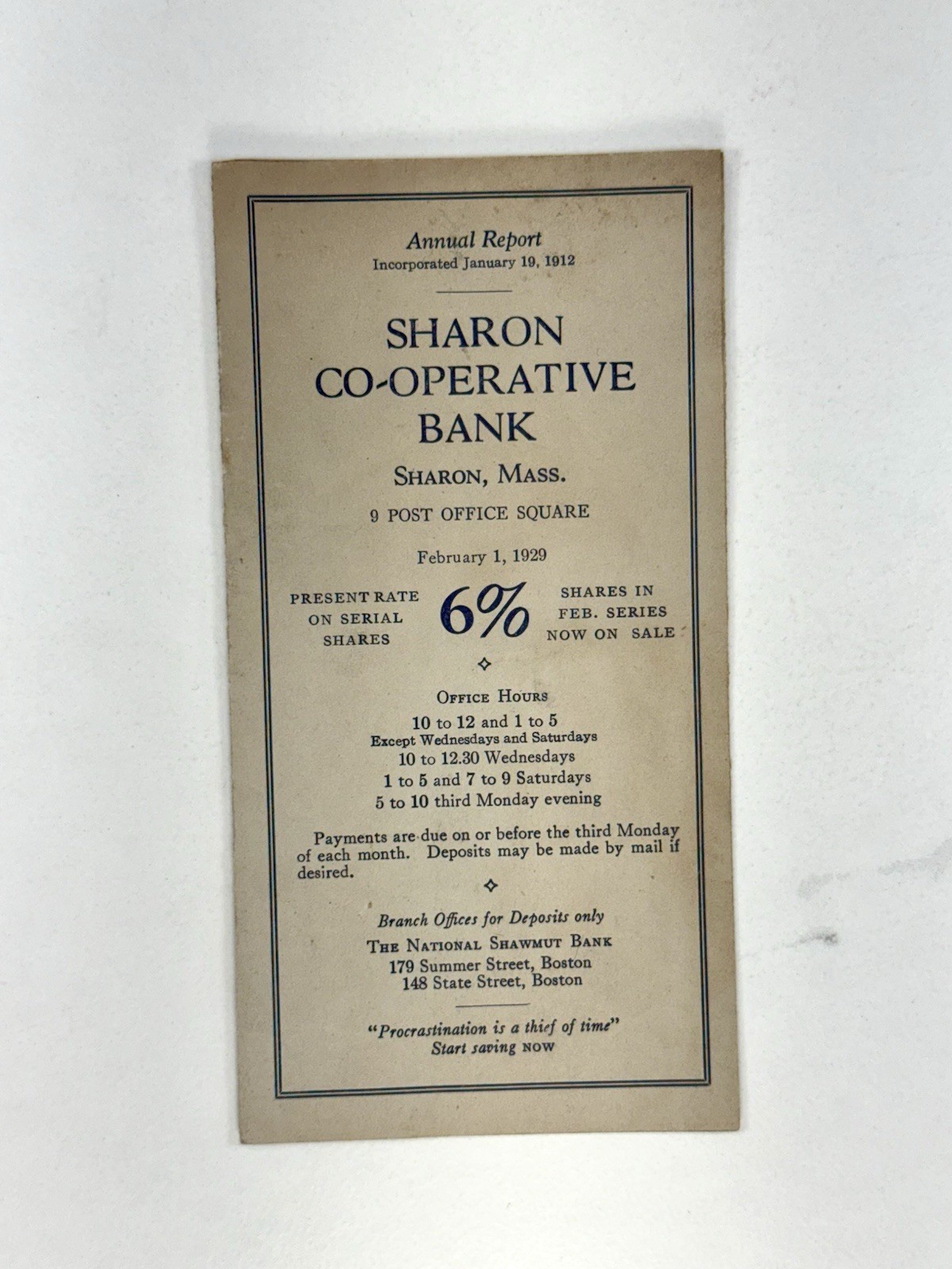 1929 Sharon MA Co-Operative Bank Annual Report Pamphlet Massachusetts